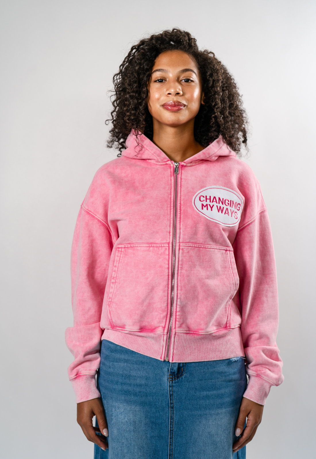 "HAVE MERCY" DISTRESSED WASHED PINK ZIP UP HOODIE