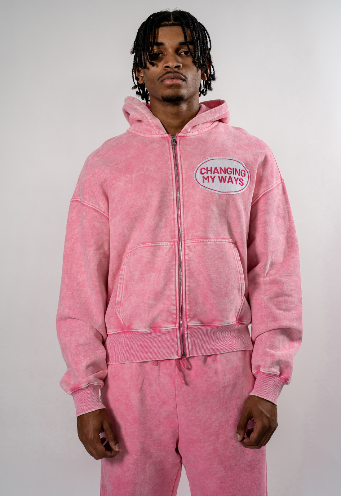 "HAVE MERCY" DISTRESSED WASHED PINK ZIP UP HOODIE